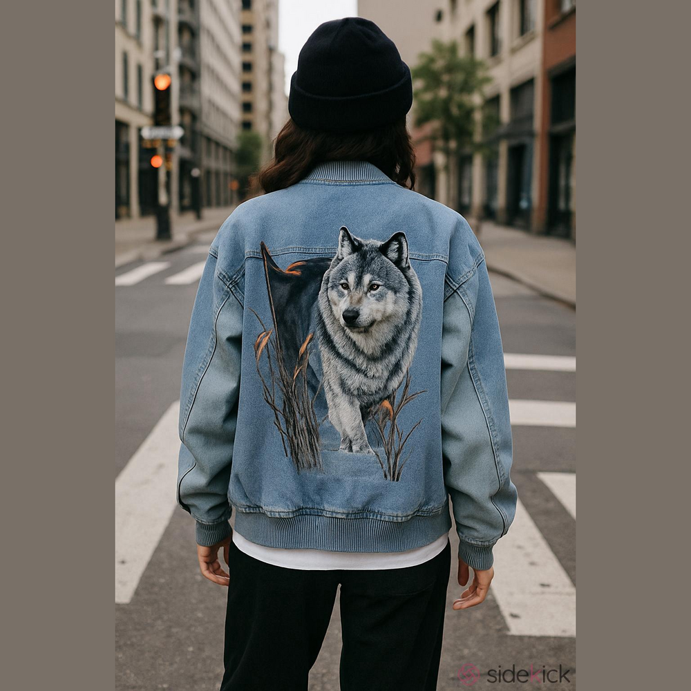 Retro 80's/90's Canadian Wolf Motif Light Blue Denim Streetwear Bomber Jacket